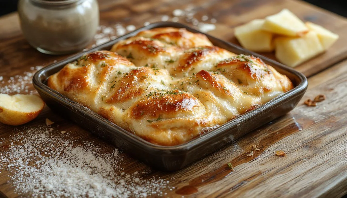 Ein Teller mit zart geschnetzeltem Fleisch in einer cremigen Sahnesoße, garniert mit goldbraun gebratenen Zwiebelringen, serviert auf einem weißen Teller mit frischer Petersilie. Die reichhaltige Soße umhüllt das saftige Fleisch, während die Zwiebeln einen knusprigen Kontrast bieten. Im Hintergrund sind ein Messer und eine Gabel sowie ein frisches Kartoffelgericht sichtbar.