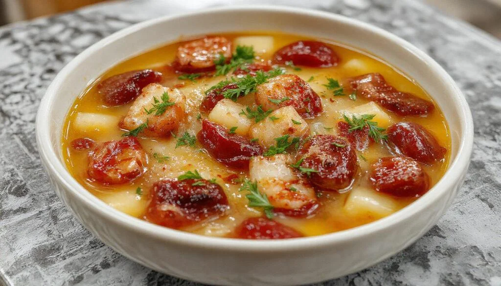 Ein dampfender Teller mit roten Linsen Dal, garniert mit frischem Koriander, serviert in einer weißen Schüssel auf einem Holztisch, mit Gewürzen und Fladenbrot im Hintergrund