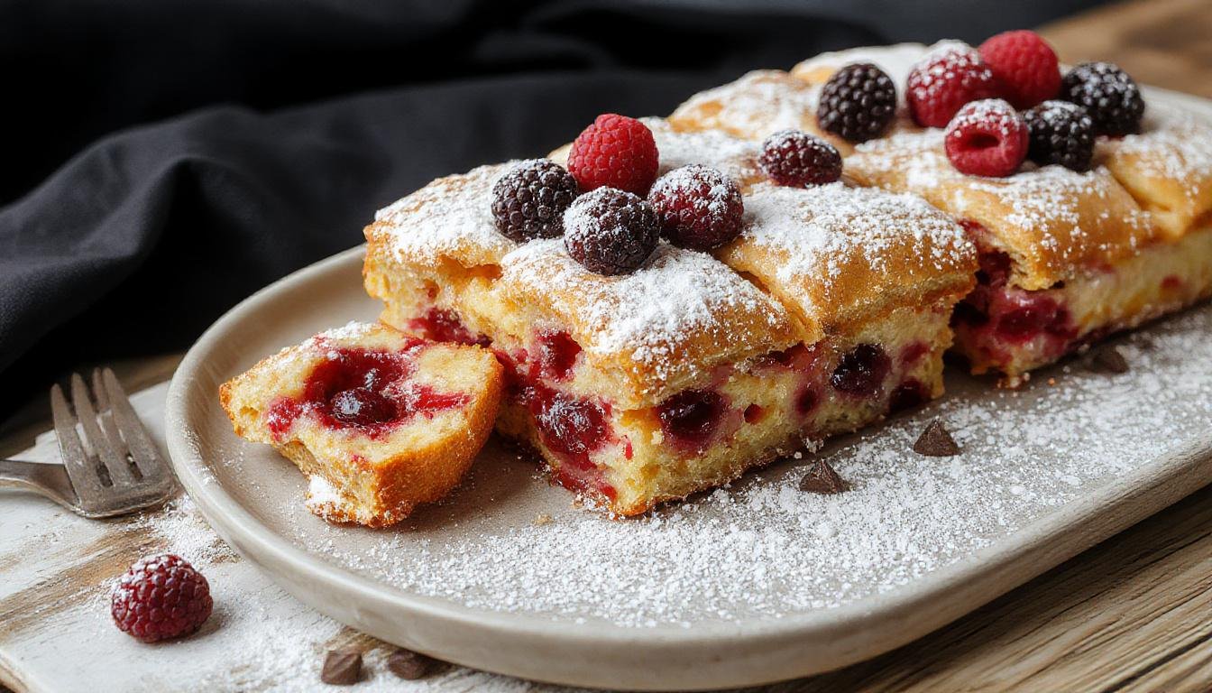 Eine elegante schwedische Mandeltorte mit einer goldbraunen, knusprigen Oberfläche, geschmückt mit Mandeln und bunten fruchtigen Akzenten, präsentiert auf einer weißen Servierplatte.