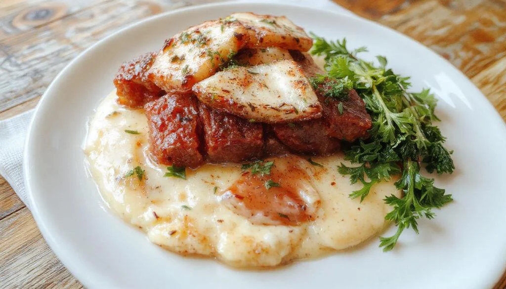Ein Teller mit Serbischem Reisfleisch, auf dem saftiges, braunes Fleisch mit goldgelben Reis und grünen Paprikastreifen serviert wird. Das Gericht wird in einer traditionellen Schüssel präsentiert, übersät mit frischer Petersilie und einer Zitronenscheibe am Rand.