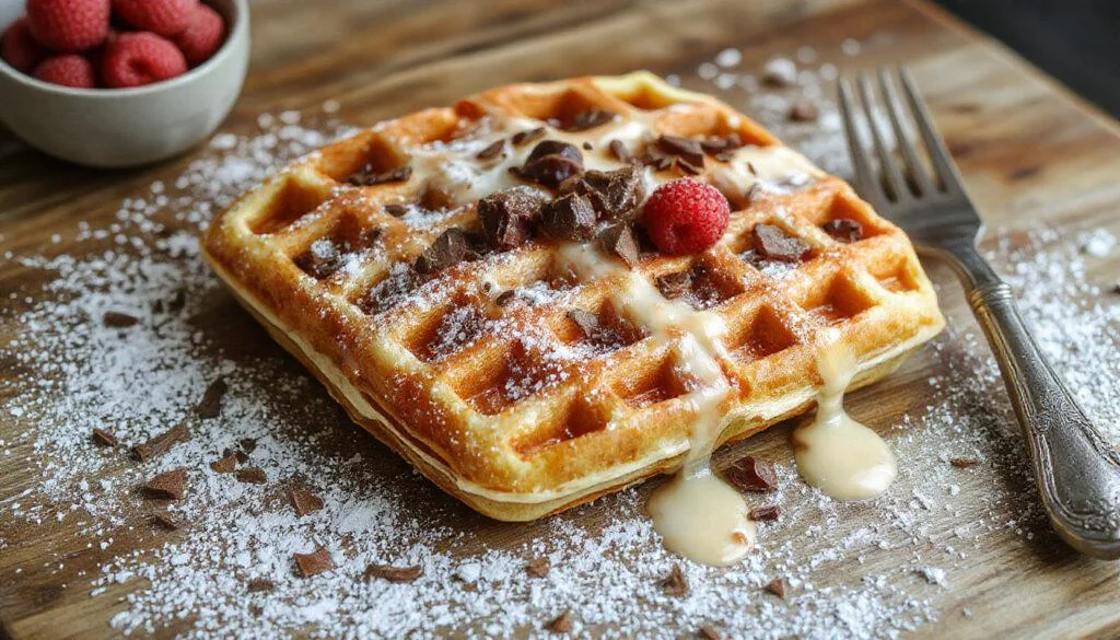 Hellgoldene Skyr-Waffeln auf einem weißen Teller, garniert mit frischen Beeren und einem Hauch Puderzucker, knusprig außen und weich im Inneren, serviert auf einem eleganten Frühstückstablett.