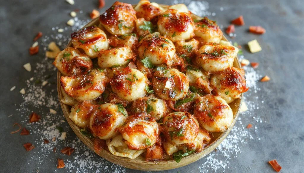 Ein bunter Teller mit sommerlicher Gemüse-Tortellini-Pfanne, gefüllt mit grünen und roten Gemüse, garniert mit frischen Kräutern, serviert auf einem weißen Porzellanteller, der die lebendige Farbpalette des Gerichts hervorhebt.