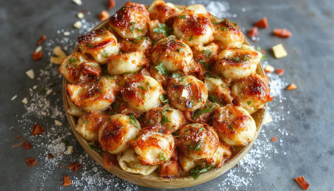 Ein bunter Teller mit sommerlicher Gemüse-Tortellini-Pfanne, gefüllt mit grünen und roten Gemüse, garniert mit frischen Kräutern, serviert auf einem weißen Porzellanteller, der die lebendige Farbpalette des Gerichts hervorhebt.