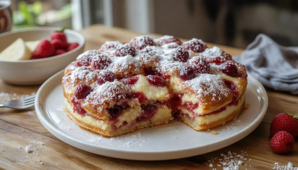 Ein frischer und fruchtiger Himbeerkuchen auf einem weißen Teller, garniert mit frischen Himbeeren und Minzblättern, umgeben von einem hellen, sommerlichen Hintergrund.