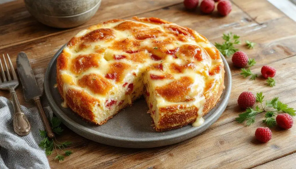 Ein sommerlicher Beerenkuchen mit einer goldbraunen Kruste, reichlich frische Beeren wie Blaubeeren, Himbeeren und Erdbeeren, die auf der cremigen Cheesecake-Füllung liegen, elegant auf einem weißen Teller präsentiert, mit einem Stück abgezwickter Teigkruste im Vordergrund.