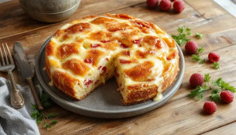Ein sommerlicher Beerenkuchen mit einer goldbraunen Kruste, reichlich frische Beeren wie Blaubeeren, Himbeeren und Erdbeeren, die auf der cremigen Cheesecake-Füllung liegen, elegant auf einem weißen Teller präsentiert, mit einem Stück abgezwickter Teigkruste im Vordergrund.
