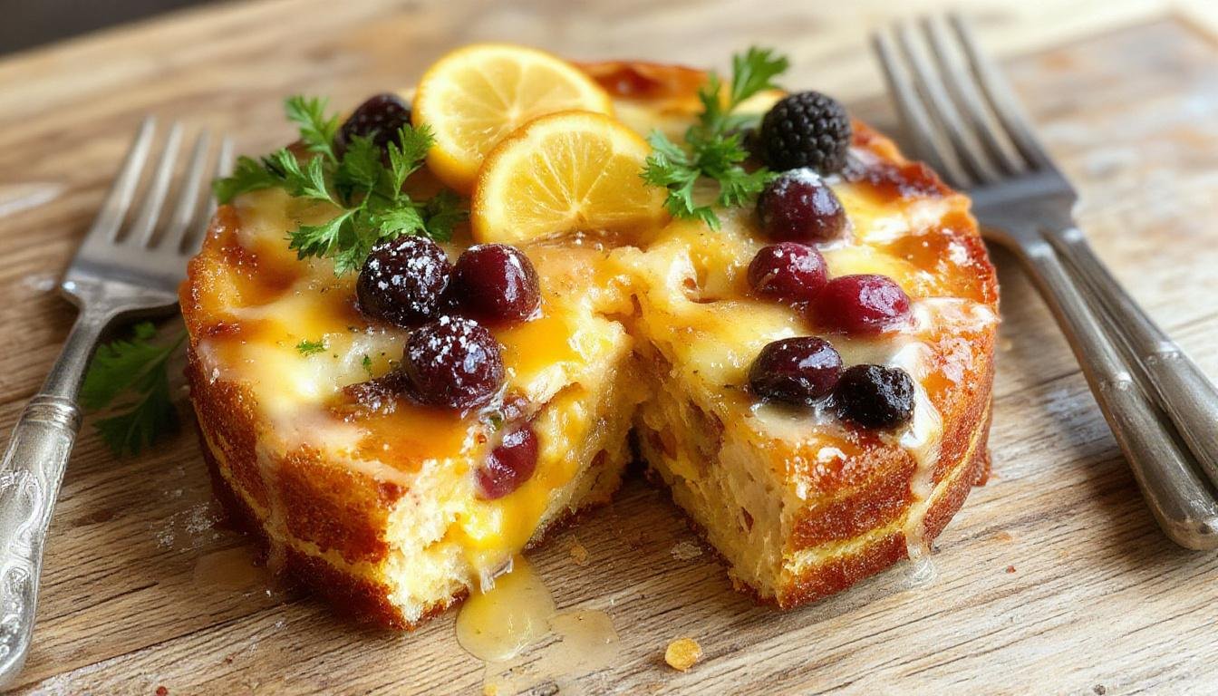 Ein frischer, cremiger Solero-Kuchen auf einem eleganten Teller, dekoriert mit frischen Früchten und Minzblättern, die hellgelbe und grüne Töne reflektieren, mit einer glatten Oberflächenstruktur, die die kalte, erfrischende Natur des Desserts betont.