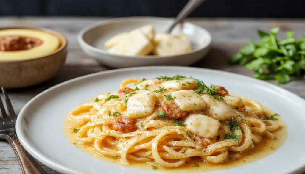 Bunte Spaghetti in einer cremigen grünen Soße mit frischem Spinat und geschmolzenem Frischkäse, serviert auf einem weißen Teller, mit einem Hauch von frisch gehacktem Basilikum an der Oberfläche.