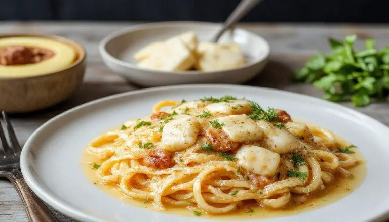 Bunte Spaghetti in einer cremigen grünen Soße mit frischem Spinat und geschmolzenem Frischkäse, serviert auf einem weißen Teller, mit einem Hauch von frisch gehacktem Basilikum an der Oberfläche.