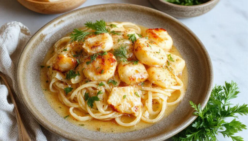 Eine Teller mit perfekt gekochten Spaghetti, bedeckt mit cremiger Frischkäsesauce und zarten, rosa Garnelen. Das Gericht ist elegant angerichtet, mit frischen Kräutern garniert und hat eine glänzende, sämige Textur.