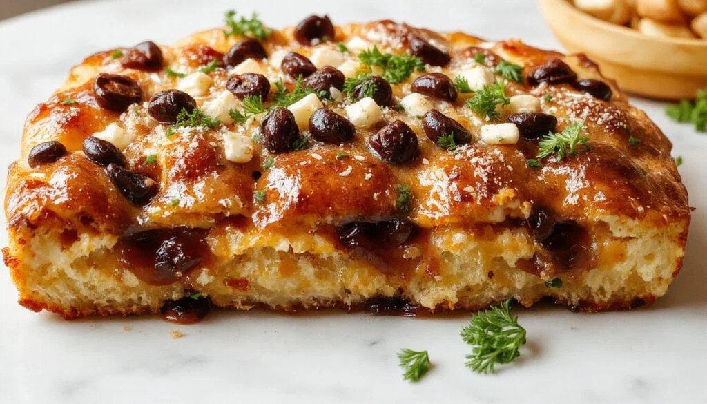 Ein Stück Zwetschgenkuchen mit goldbraunem Teig, voller saftiger, violetter Zwetschgen auf einem weißen Teller, garniert mit Puderzucker, im natürlichen Licht fotografiert.