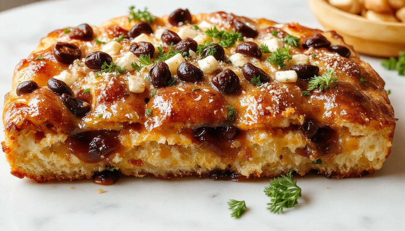 Ein Stück Zwetschgenkuchen mit goldbraunem Teig, voller saftiger, violetter Zwetschgen auf einem weißen Teller, garniert mit Puderzucker, im natürlichen Licht fotografiert.