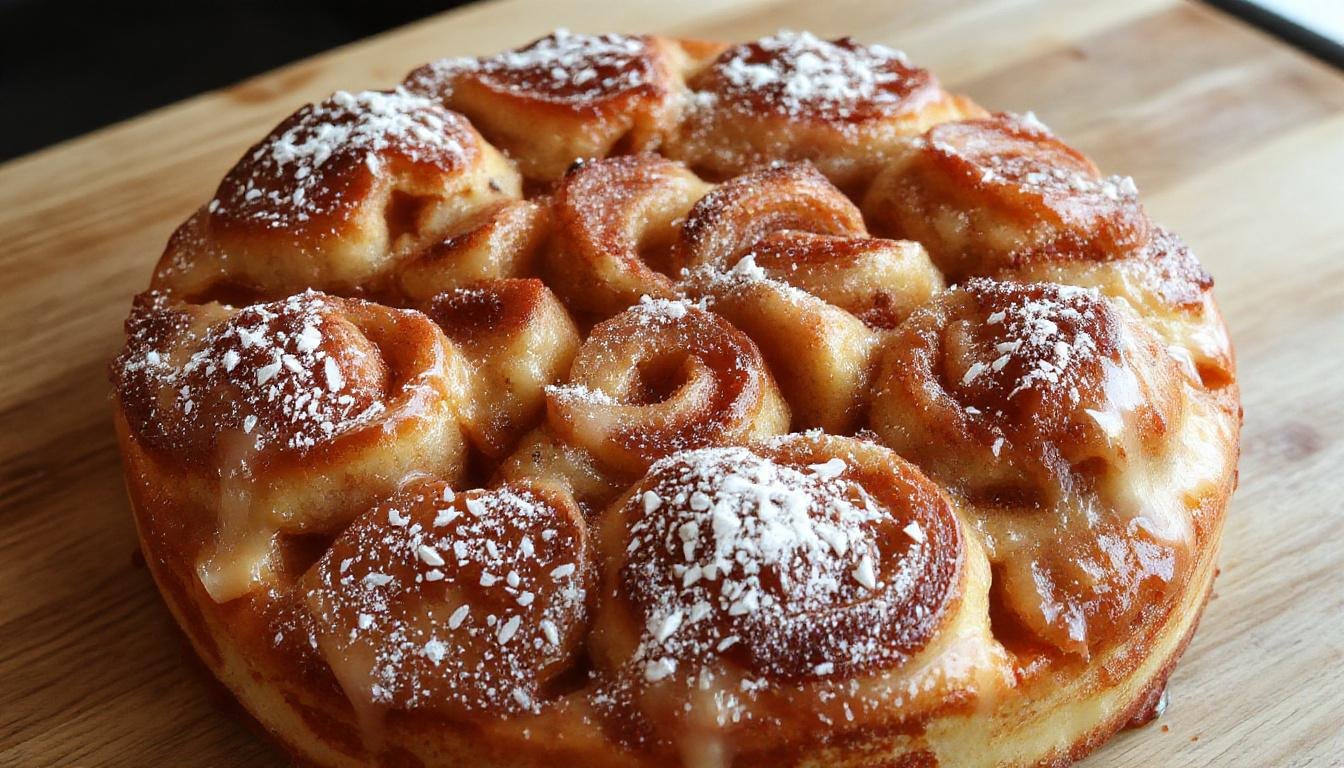 Ein frisch gebackener, goldbrauner Pflaumenkuchen auf einem eleganten Teller, großzügig mit saftigen, dunkelvioletten Pflaumen belegt, die beim Anschneiden leicht dampfen und die Zimt-Zucker-Glasur glitzert an der Oberfläche.