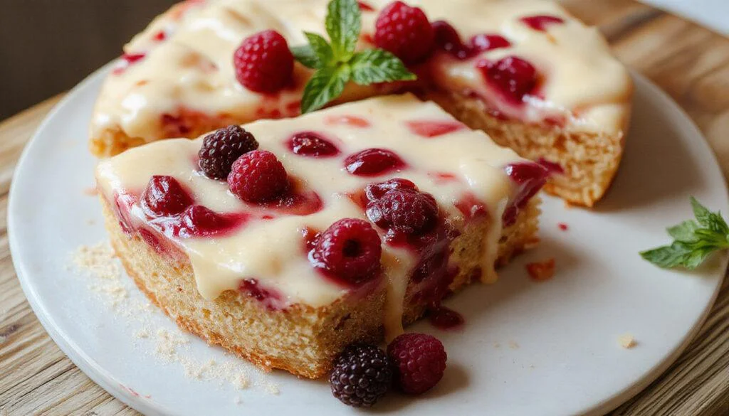 Die cremige Himbeer-Pistazienmousse-Torte ist kunstvoll auf einem eleganten Teller angerichtet, mit frischen Himbeeren und gehackten Pistazien dekoriert. Die Torte hat eine zarte, luftige Textur, die durch den kontrastierenden Tortenboden sichtbar wird, umgeben von einer fein glasierten Oberfläche in zartem Rosa und Grün.