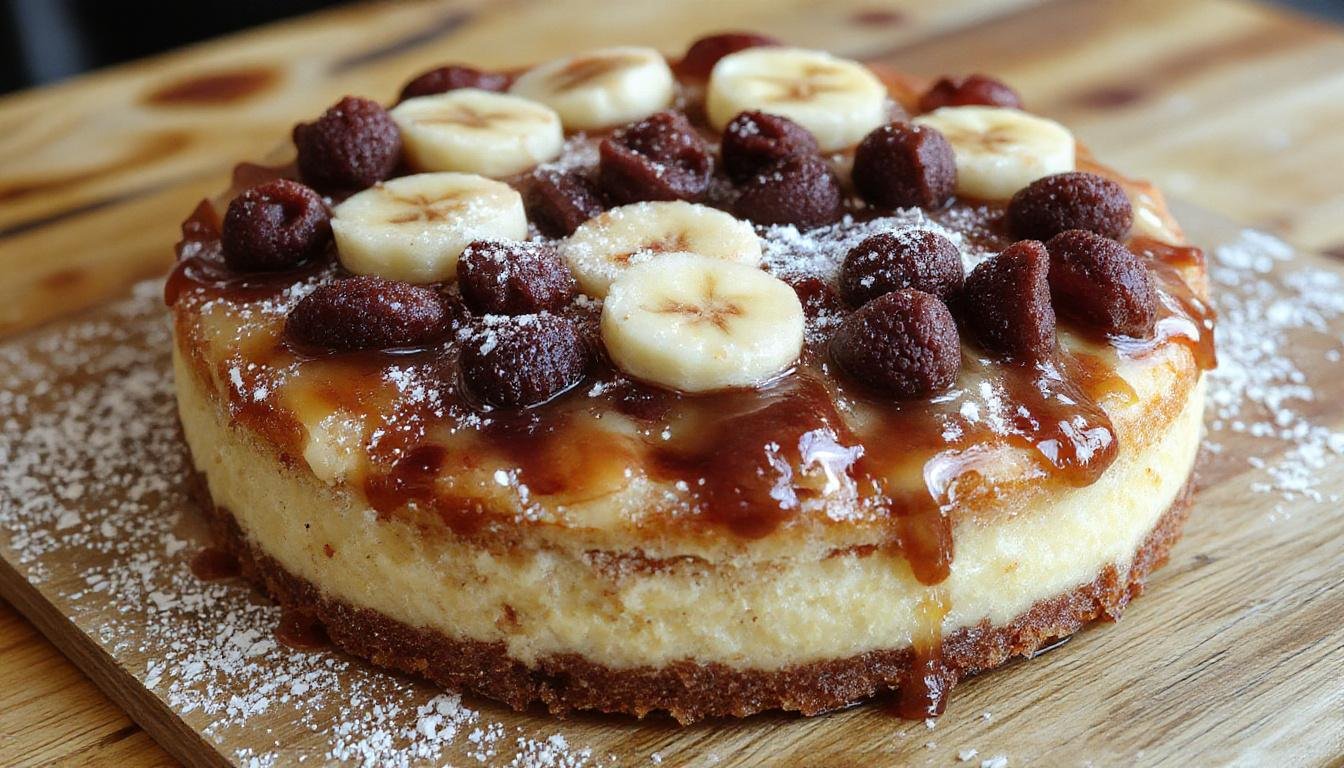 Ein frisch angeschnittener Bananenschnitte auf einem eleganten weißen Teller, mit cremiger Bananenfüllung, knusprigem Biskuitboden und einer goldbraunen Schokoglasur, dekoriert mit Bananenscheiben und Schokospänen. Das Bild zeigt die zarte Textur und den verführerischen Glanz der Süßspeise, versehen mit einem Hauch Puderzucker im Sonnenlicht.