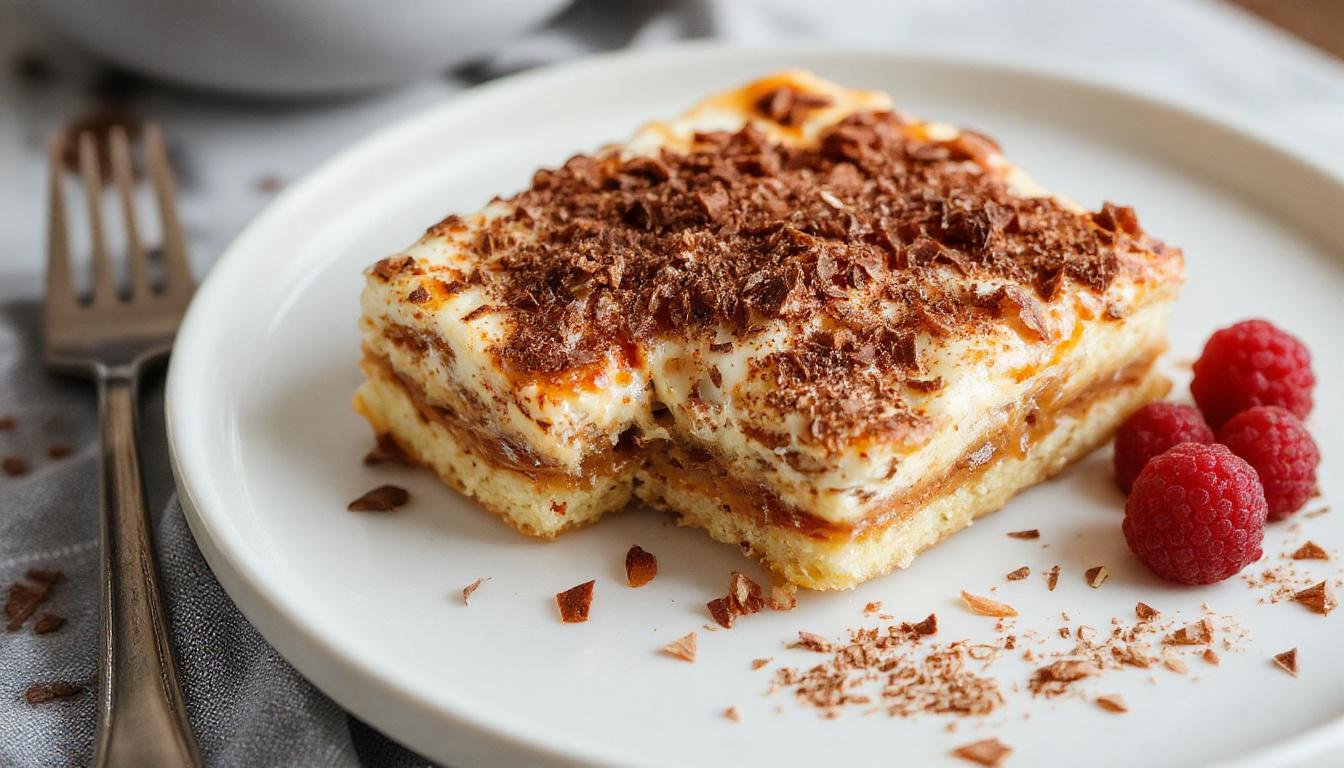 Ein elegantes Glas mit Schichten aus cremigem Mascarpone, getränkt in Kaffee, bestreut mit Kakaopulver, verziert mit Kaffeebohnen und einer Minzeblatt auf einem edlen Teller