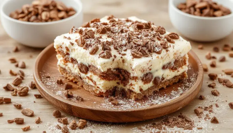 Ein kinderfreundliches Tiramisu in einer transparenten Schüssel, geschichtet mit cremiger Vanille- und Schokoladenmasse, garniert mit kakao bestäubtem Biskuit und bunten Streuseln, ansprechend präsentiert.