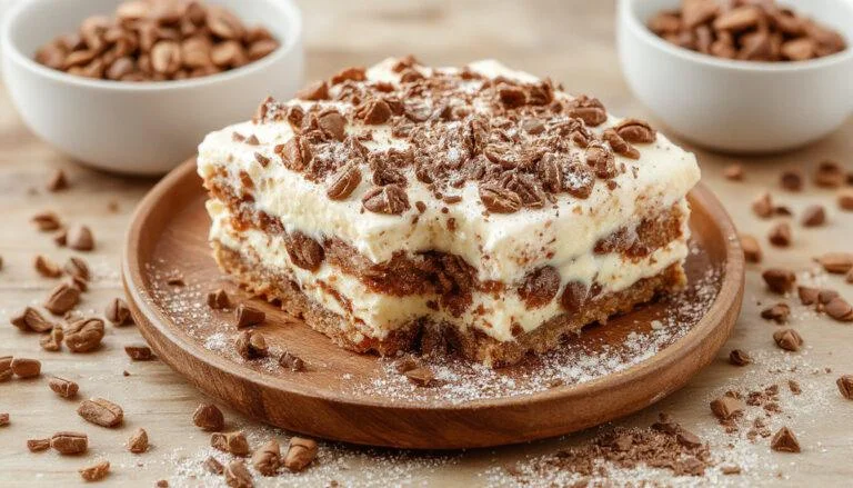 Ein kinderfreundliches Tiramisu in einer transparenten Schüssel, geschichtet mit cremiger Vanille- und Schokoladenmasse, garniert mit kakao bestäubtem Biskuit und bunten Streuseln, ansprechend präsentiert.
