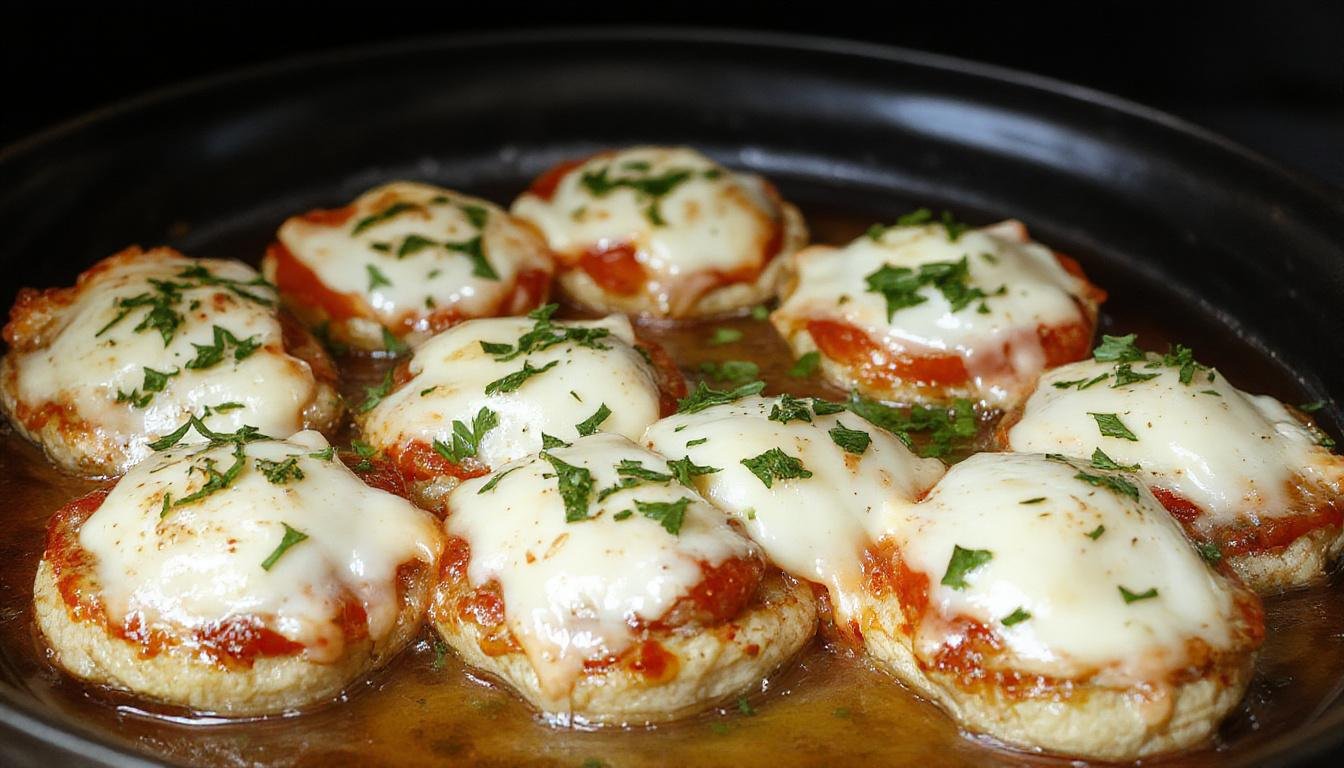 Das gebackene Tomate-Mozzarella-Hähnchen auf einem weißen Teller, garniert mit frischen Basilikumblättern, goldbraune Kruste, saftiges Fleisch, frische Tomatenscheiben, geschmolzener Käse, ansprechend angerichtet, im natürlichen Licht