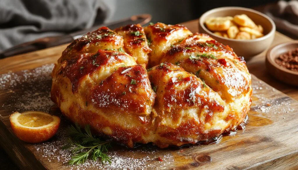 Gebratene Hähnchenbrust mit goldbrauner Haut, auf einem weißen Teller, garniert mit frischen Kräutern und buntem Gemüse, ansprechend angerichtet.