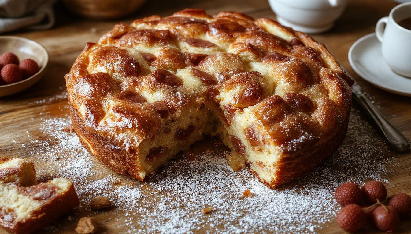 Ein goldbrauner Stachelbeerkuchen auf einem glänzenden Teller, mit einer dicken Schicht frischer, leuchtend grüner Stachelbeeren, die mit Puderzucker bestäubt sind, den Kuchen in quadratischen Stücken, umgeben von einem rustikalen weißen Tischtuch