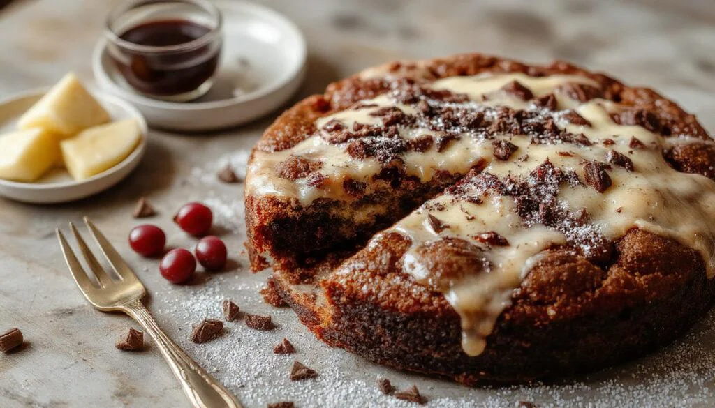Ein köstlicher Browniekuchen mit einer cremigen Mascarpone-Schicht, garniert mit frischen, saftigen Beeren auf einem eleganten weißen Teller. Der Kuchen sieht saftig und schokoladig aus, mit einer glatten Creme und bunten Beeren als dekoratives Element.
