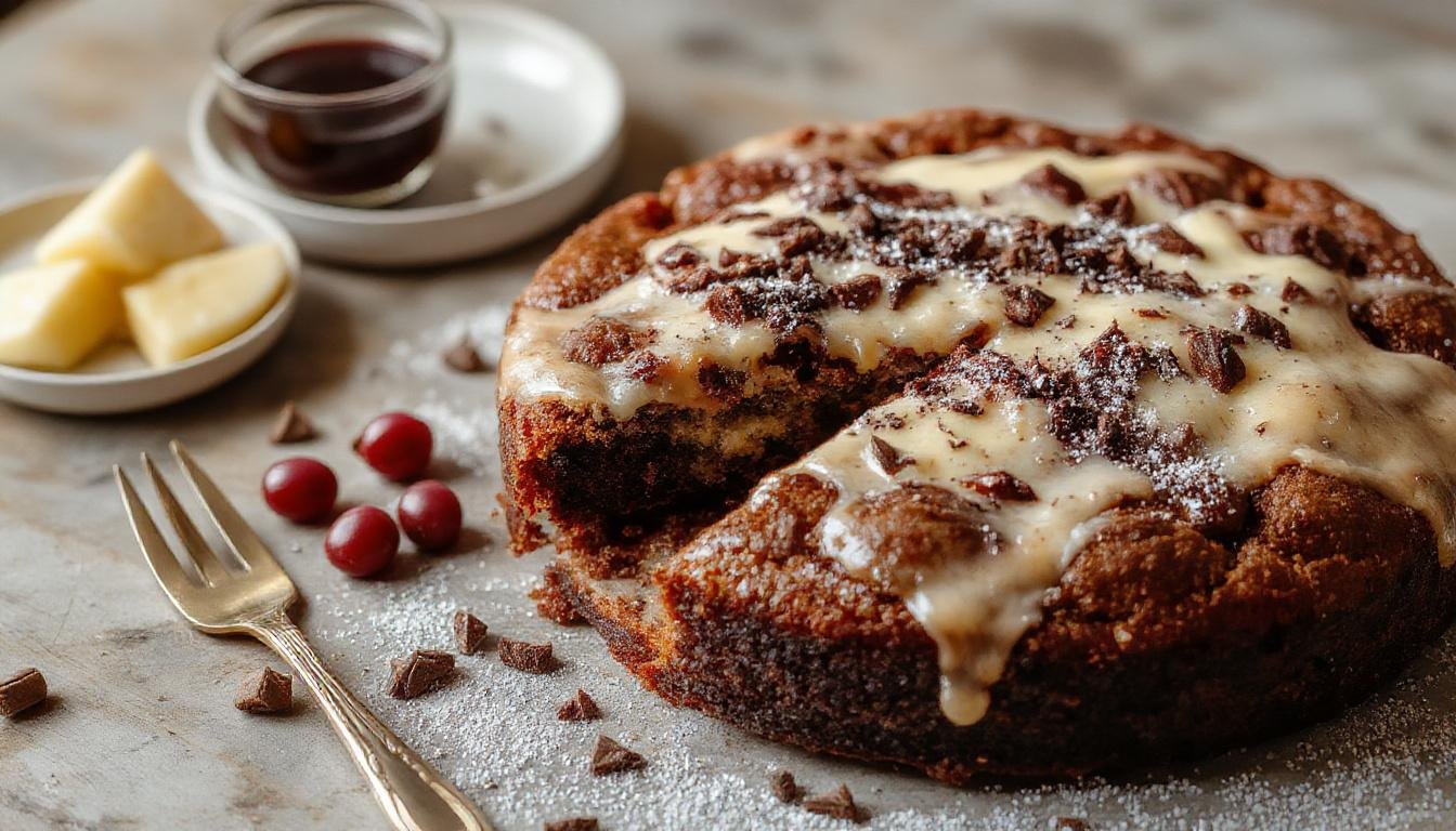 Ein köstlicher Browniekuchen mit einer cremigen Mascarpone-Schicht, garniert mit frischen, saftigen Beeren auf einem eleganten weißen Teller. Der Kuchen sieht saftig und schokoladig aus, mit einer glatten Creme und bunten Beeren als dekoratives Element.