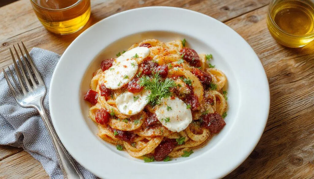 Eine geschmolzene Burrata-Kugel liegt zentral auf einer ofenfrischen Pasta, umgeben von saftigen Tomatenstücken, frischen Basilikumblättern und knuspriger Pasta. Das Gericht ist in einer weißen, rusticen Pfanne angerichtet, mit goldbraunen Rändern und einem cremigen, einladenden Aussehen.