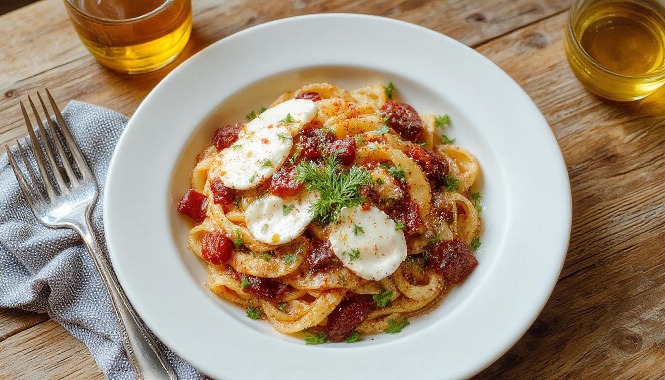 Eine geschmolzene Burrata-Kugel liegt zentral auf einer ofenfrischen Pasta, umgeben von saftigen Tomatenstücken, frischen Basilikumblättern und knuspriger Pasta. Das Gericht ist in einer weißen, rusticen Pfanne angerichtet, mit goldbraunen Rändern und einem cremigen, einladenden Aussehen.