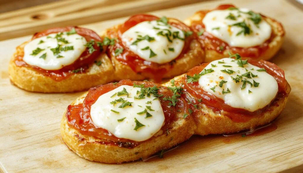 Bunte, goldbraune Baguettescheiben, die mit frischen Tomatenscheiben und zart schmelzendem Mozzarella belegt sind, auf einem rustikalen Holzteller, mit frischen Kräutern garniert