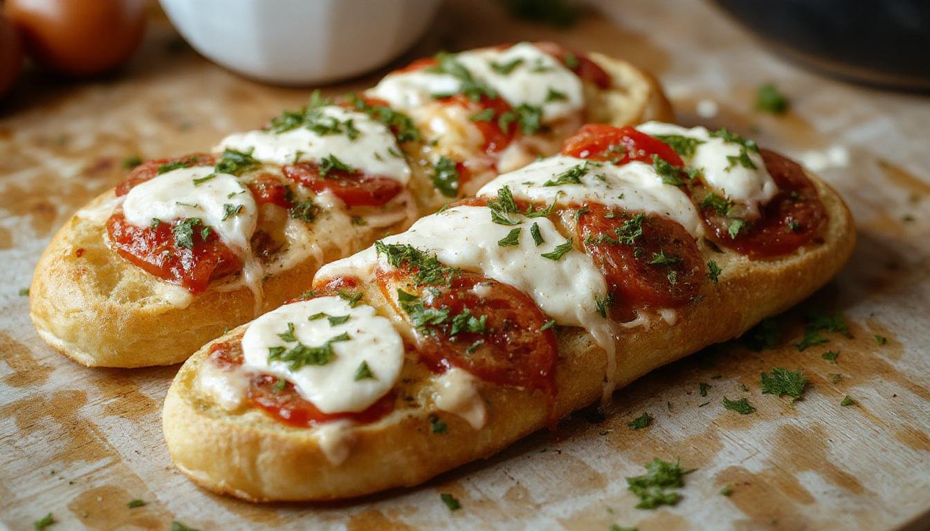 Bunte Baguettescheiben, überbacken mit goldbraunem Mozzarella, tropfenden Tomatenscheiben und frischen Basilikumblättern, elegant auf einer weißen Platte angerichtet