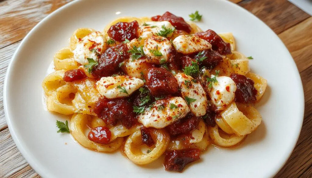 Ein älteres, gebackenes Pastagericht mit goldbrauner Käsekruste, zarten Hähnchenstücken, geschmolzenem Mozzarella, und grünen Kräutern garniert in einer weißen Auflaufform.