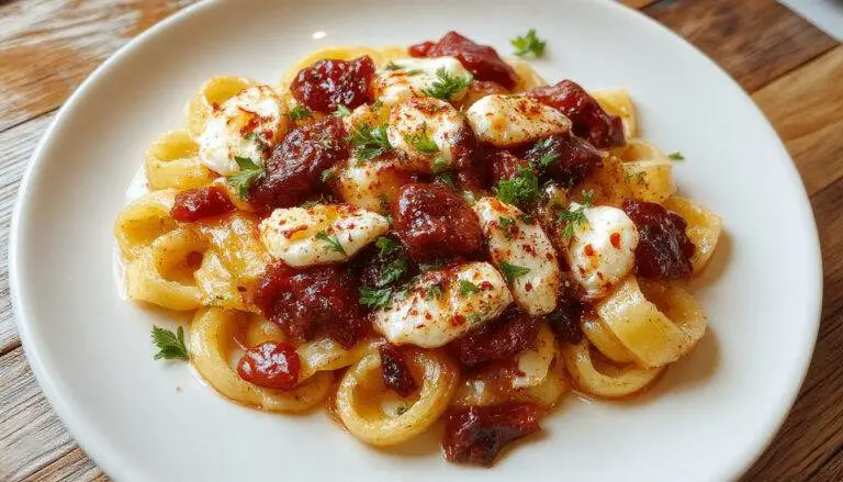 Ein älteres, gebackenes Pastagericht mit goldbrauner Käsekruste, zarten Hähnchenstücken, geschmolzenem Mozzarella, und grünen Kräutern garniert in einer weißen Auflaufform.