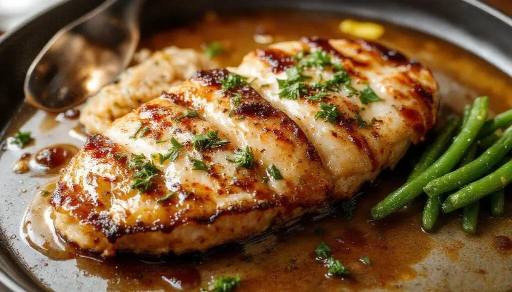 Goldbraune, knusprige Partyschnitzel mit geschmolzenem Käse, serviert auf einem weißen Teller, garniert mit frischen Kräutern und einer Beilage aus Salat.