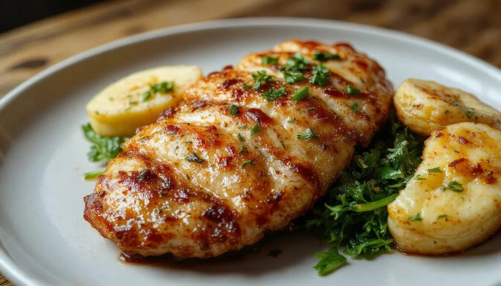 Das überbackene Partyschnitzel wird auf einem großen Teller angerichtet, mit goldbrauner, knuspriger Bräunung und geschmolzenem Käse an der Oberseite. Das Schnitzel ist in Scheiben geschnitten, die mit einer cremigen Käsesauce und frischen Kräutern garniert sind, um einen ansprechenden Kontrast zwischen der goldenen Kruste und den bunten Zutaten zu bieten. Die Präsentation ist rustikal, perfekt für eine festliche Party, mit appetitlichen Details, die den Geschmack und die Textur hervorheben.