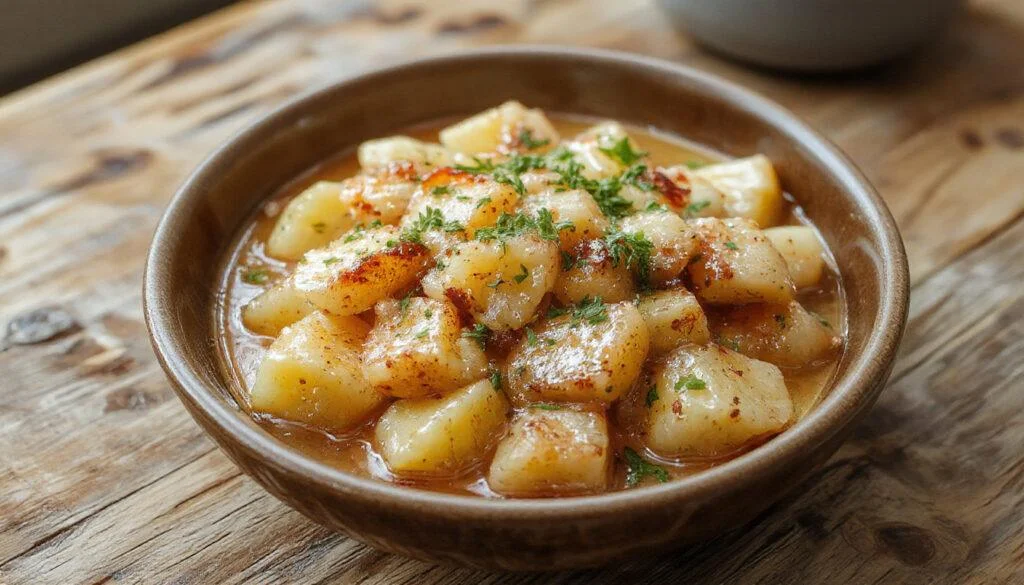 Ein goldbrauner Kartoffel-Brokkoli-Auflauf in einer rechteckigen Ofenform, garniert mit frisch gehacktem Schnittlauch, mit einer cremigen Käsesauce überzogen, die knusprige Oberfläche zeigt eine perfekte Balance zwischen goldener Kruste und zarten Brokkoliröschen.