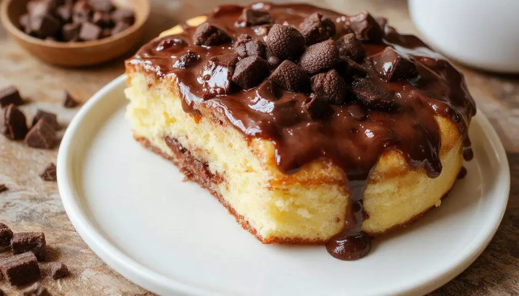 Ein großer Blechkuchen mit einer glänzenden dunklen Schokoladenglasur, in rechteckigen Stücken geschnitten, mit am Rand sichtbaren Schokoladenstücken und einem Hauch Puderzucker, serviert auf einem weißen Teller, umgeben von Schokoladenstücken und einem rustikalen Holzuntergrund.