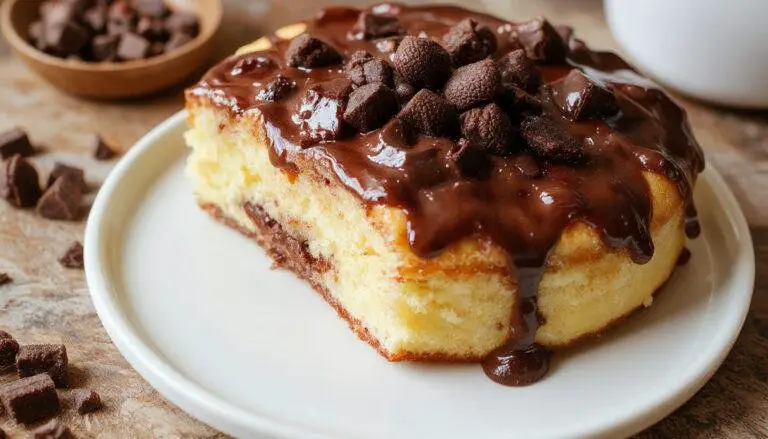 Ein großer Blechkuchen mit einer glänzenden dunklen Schokoladenglasur, in rechteckigen Stücken geschnitten, mit am Rand sichtbaren Schokoladenstücken und einem Hauch Puderzucker, serviert auf einem weißen Teller, umgeben von Schokoladenstücken und einem rustikalen Holzuntergrund.