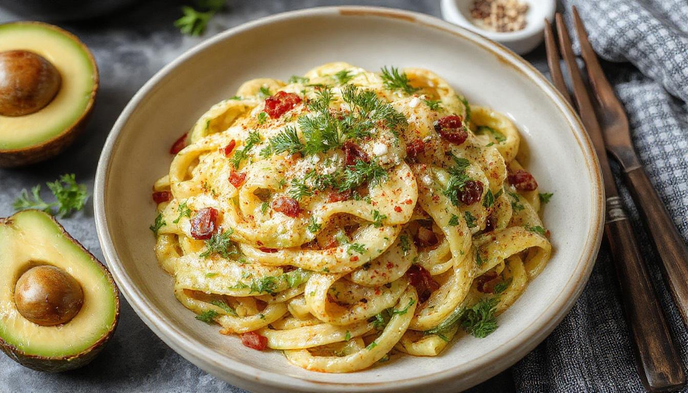 Ein cremiges veganes Avocado-Pasta-Gericht auf einem weißen Teller, garniert mit frischen Kräutern, Avocado-Stückchen und einer hellgrünen Soße, angerichtet auf einem Holztablett mit einer Gabel an der Seite.