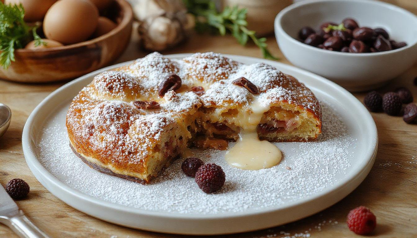 Ein saftiger Veganer Fantakuchen auf einem weißen Teller, bedeckt mit einer glänzenden Schicht aus Orangen- und Zitronensaft, verziert mit bunten Obststücken und Minzblättern, im Hintergrund ein Glas mit kaltem Fantakuchen und ein Stück Kuchen mit einer leichten Krume, alles vor hellem, natürlichen Licht.