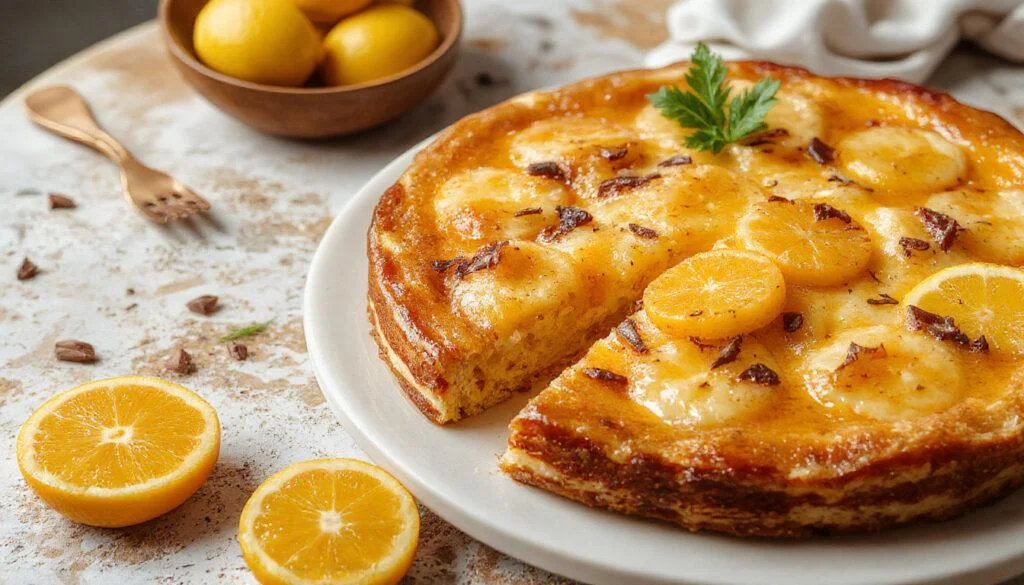 Ein farbenfroher veganer Fantakuchen, bedeckt mit einer cremigen Schmand-Alternative und frischen Mandarinen, dekorativ angerichtet auf einem hellen Teller. Der Kuchen hat eine goldbraune Kruste und eine luftige Oberfläche, mit orangefarbenen Mandarinenstücken, die für einen lebendigen Kontrast sorgen.
