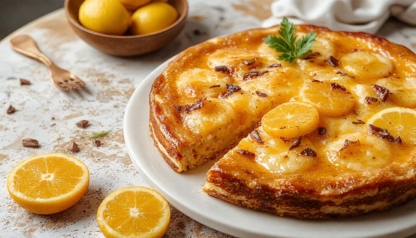 Ein farbenfroher veganer Fantakuchen, bedeckt mit einer cremigen Schmand-Alternative und frischen Mandarinen, dekorativ angerichtet auf einem hellen Teller. Der Kuchen hat eine goldbraune Kruste und eine luftige Oberfläche, mit orangefarbenen Mandarinenstücken, die für einen lebendigen Kontrast sorgen.