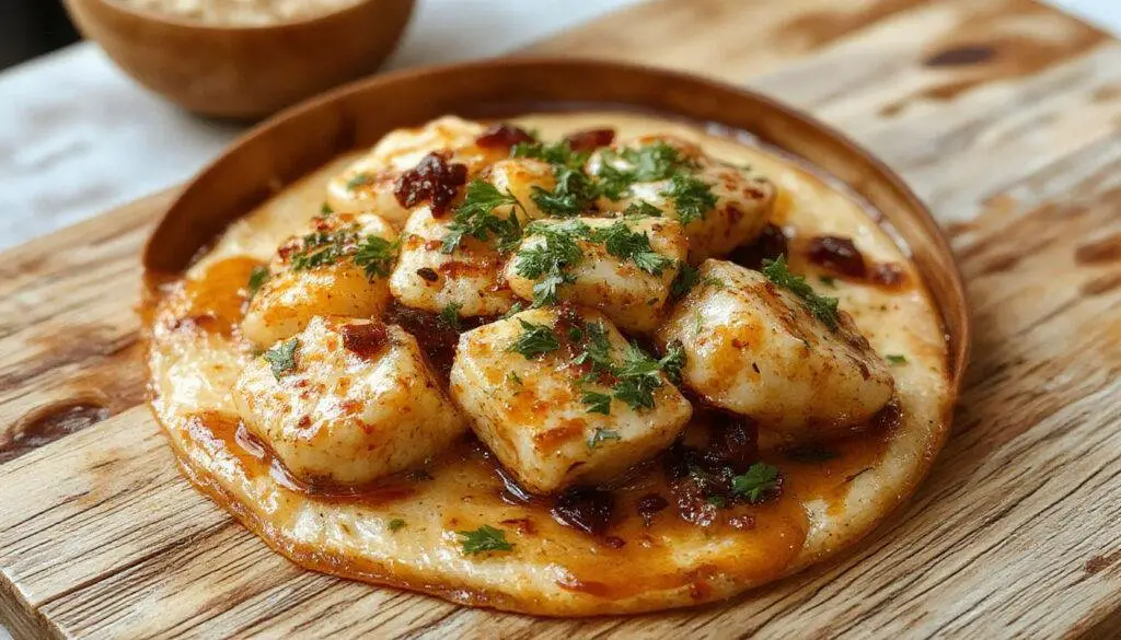 Ein Teller mit goldbraun gebratenen Tofu-Stücken, garniert mit frischen Basilikumblättern und Kirschtomaten, serviert auf einem weißen Teller mit italienischer Gemüsesauce. Das Gericht wirkt frisch, bunt und appetitlich, perfekt angerichtet für eine vegetarische Mahlzeit.