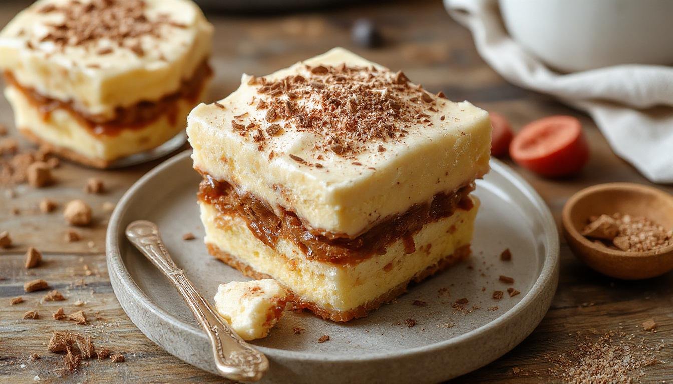 Ein elegantes veganes Biscoff-Tiramisu in einem klaren Glas, geschichtet mit cremiger Biscoff-Pflege, knusprigen Spekulatius-Krümeln und einem Hauch Kakaopulver, das den oberen Rand leicht bedeckt. Das Dessert ist ansprechend angerichtet, mit einem Staub aus Kakaopulver und einem Löffel an der Seite, das die Cremigkeit und Textur hervorhebt.