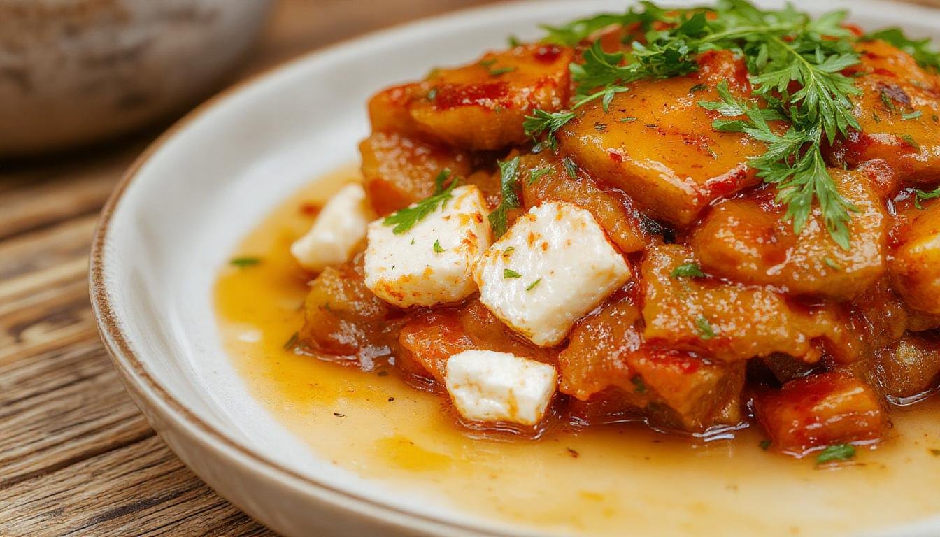 Bunte, gefüllte Paprikaschoten auf einem weißen Teller, die mit einer Mischung aus Reis, Feta-Käse und frischen Kräutern gefüllt sind. Die Paprika sind in verschiedenen Farben präsentiert, oben leicht geröstet mit goldbraunen Stellen, die Textur ist saftig und aromatisch. Die Füllung ist sichtbar, mit einem leichten Käseüberzug, der einladend wirkt.