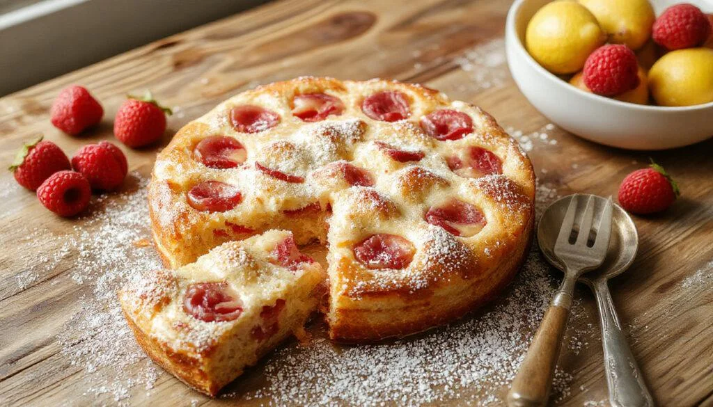 Ein frisch gebackener Pflaumenkuchen mit goldbrauner Streuseldecke, verziert mit saftigen Pflaumenscheiben, auf einem rustikalen Holztablett präsentiert, mit einer leichten Zimtnote im Hintergrund.
