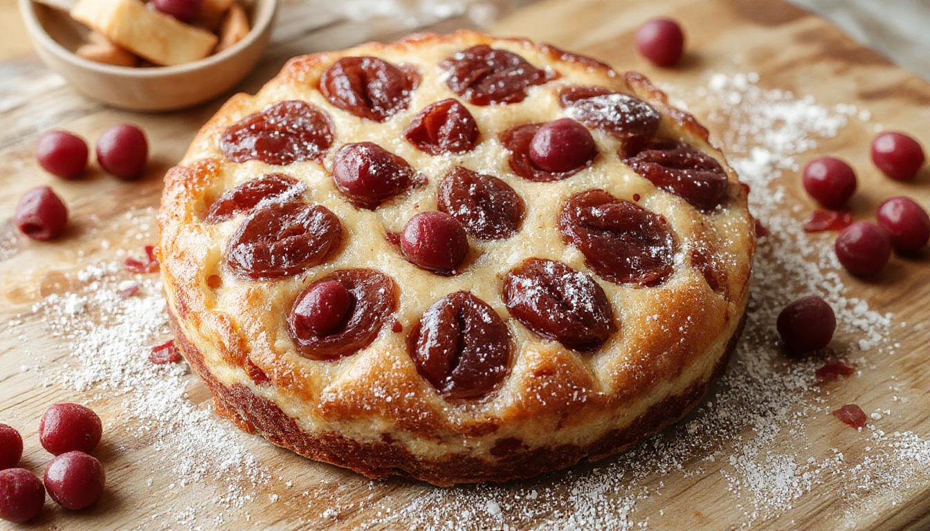 Ein stilvoll präsentierter Pflaumenkuchen mit einer goldbraunen Kruste, saftige violette Pflaumen in der Mitte, die leicht karamellisiert sind, auf einem hellen Teller angerichtet, mit einem Hauch Puderzucker bestäubt, umgeben von frischen Pflaumen und Minzblättchen.