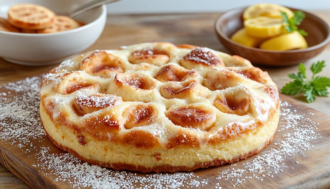 Ein großer rechteckiger Quark-Streuselkuchen mit goldbrauner Streuselkruste, auf einem weißen Teller präsentiert. Im Hintergrund sind frische Beeren und Puderzucker sichtbar, die dem Kuchen einen frischen und ansprechenden Look verleihen.