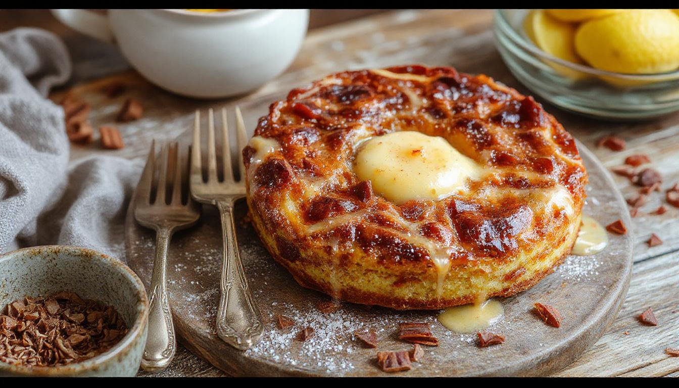 Ein warmer Pflaumenkuchen mit goldbrauner Mandelkruste, auf dem saftige, dunkelviolette Pflaumen in Scheiben angeordnet sind, umgeben von einer cremigen Zimtpudding-Schicht. Das Kuchenstück ist geschnitzt und zeigt die reichhaltigen Schichten in einem ansprechenden, rustikalen Kuchenstil.