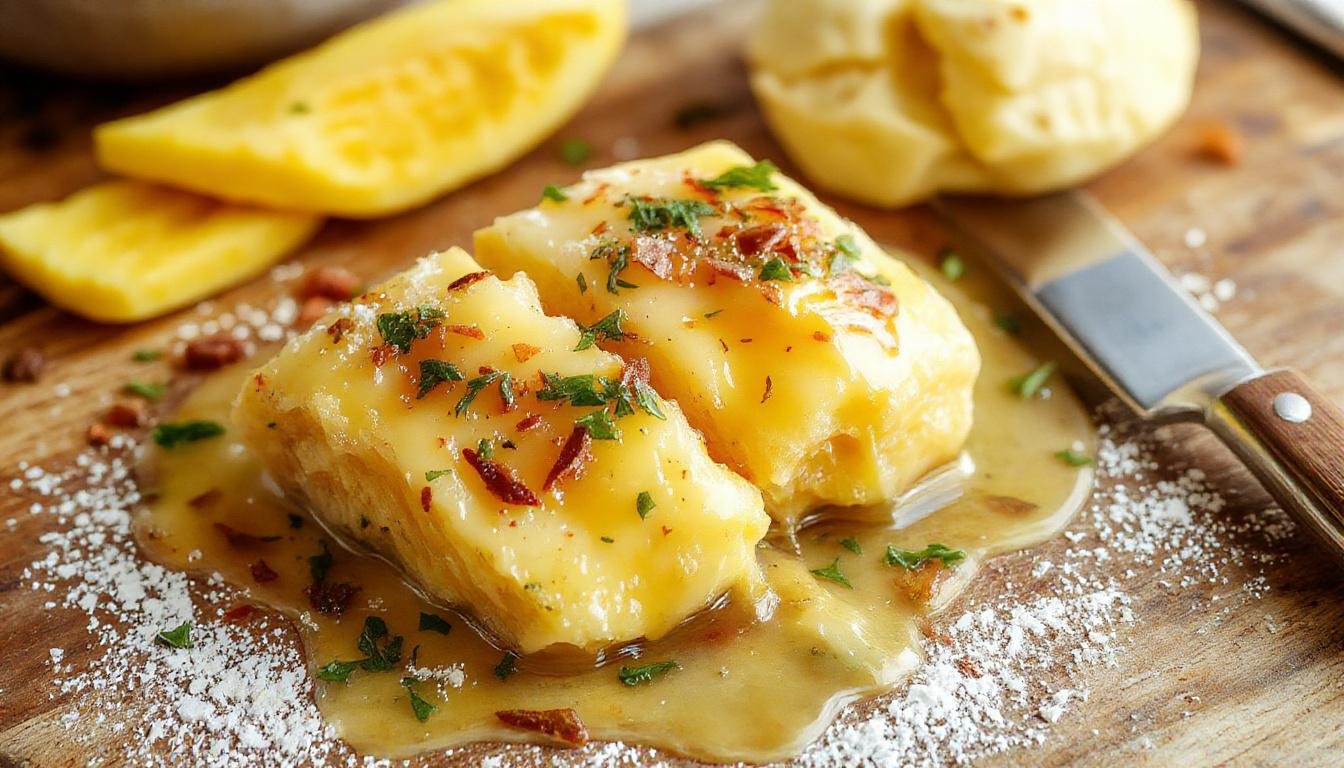 Ein elastischer, goldbrauner Klecks würziger Cowboy-Butter auf einem rustikalen Holzbrett, umgeben von frischen Kräutern und Gewürzen, mit einem Messer, das die butterige Textur zeigt.